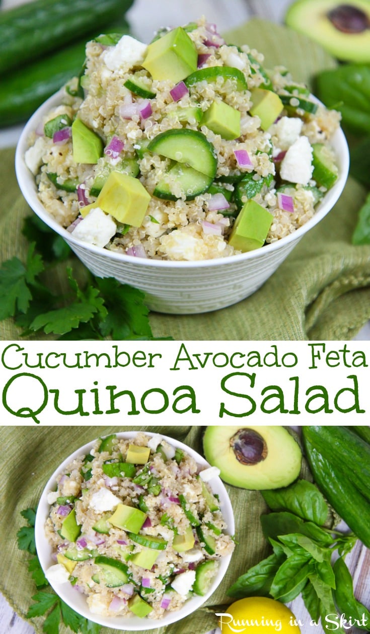 Cucumber Avocado and Feta Quinoa Salad recipe - a healthy, easy and simple vegetarian quinoa recipe! Uses a Freek / Italian style dressing/ vinaigrette with lemon. Clean eating, gluten-free and delicious! / Running in a Skirt via @juliewunder