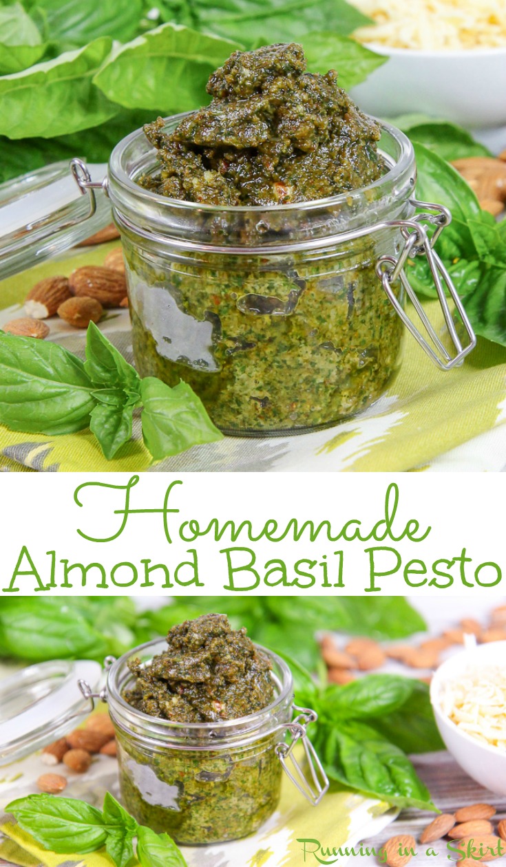 Homemade & Healthy Basil Almond Pesto recipe - ONLY 5 INGREDIENTS and perfect for pasta, vegetables like green beans or spaghetti squash or fish! Simple and easy! Pesto no pine nuts? Yes! This is less expensive than using pine nuts. Vegetarian, gluten free & clean eating / Running in a Skirt #vegetarian #recipe #healthy #pesto #basil #glutenfree #cleaneating via @juliewunder
