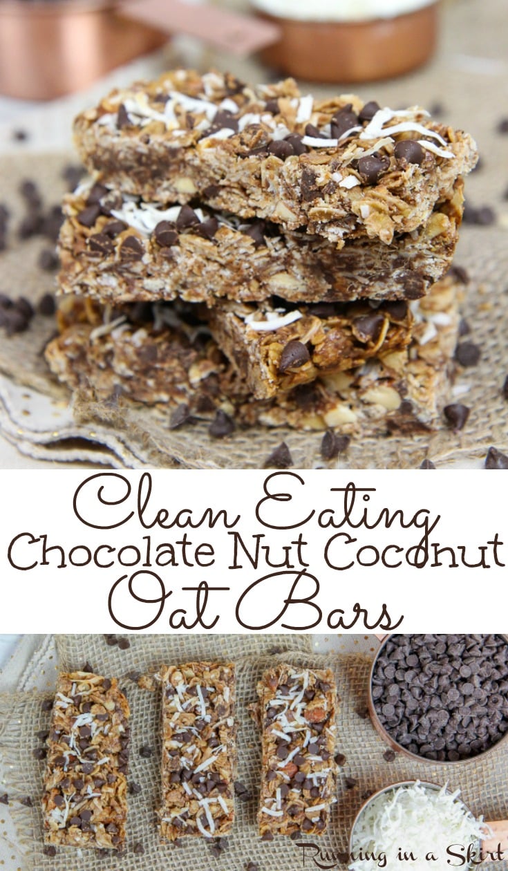 Healthy Clean Eating Chocolate Nut Coconut Oatmeal Bars - Easy, Only 7 Ingredients!  These soft and chewy homemade DIY bars are simple with honey, peanut butter and no sugar.  Perfect for breakfast, dessert or school snacks. / Running in a Skirt #cleaneating #healthy #recipe #oatmeal #bars #snack #dessert via @juliewunder