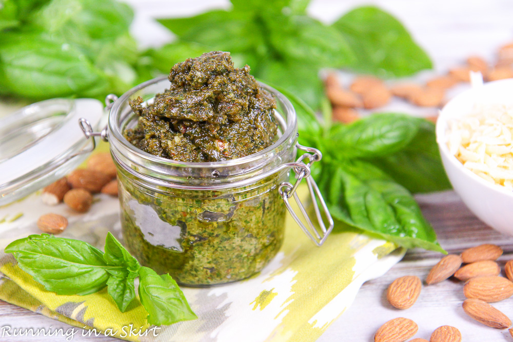 Jar of homemade basil almond pesto.