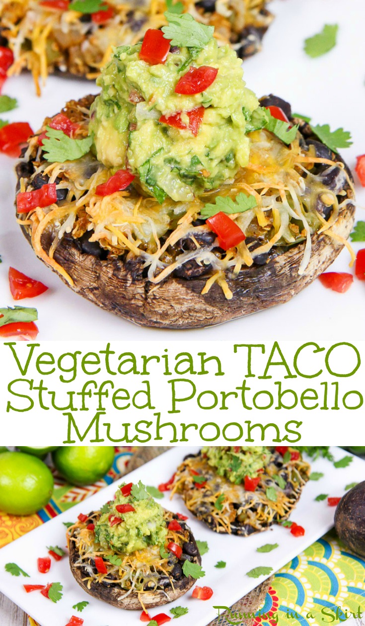Vegetarian Taco Stuffed Mushroom recipe - this easy recipe for Mexican portobello mushrooms is low carb, veggie packed and have no meat. Stuffed with black beans, pepper and quinoa. Grilled or oven baked. Gluten free too! / Running in a Skirt #taco #mexican #recipe #mushrooms #healthy #cleaneating #glutenfree #lowcarb via @juliewunder