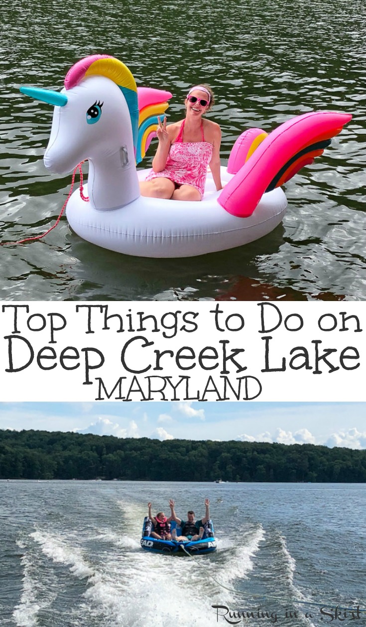 Top 7 Things to Do & Eat in Deep Creek Lake, Maryland - includes ideas for the best fun family summer vacations on this beautiful lake.  Enjoy the water - boating and floating -, visit Swallow Falls State Park with waterfalls, lavender farm, Honi Honi Bar.  Plus the best restaurants in the nearby town of McHenry. / Running in a Skirt #travel #maryland #deepcreek #lake  via @juliewunder