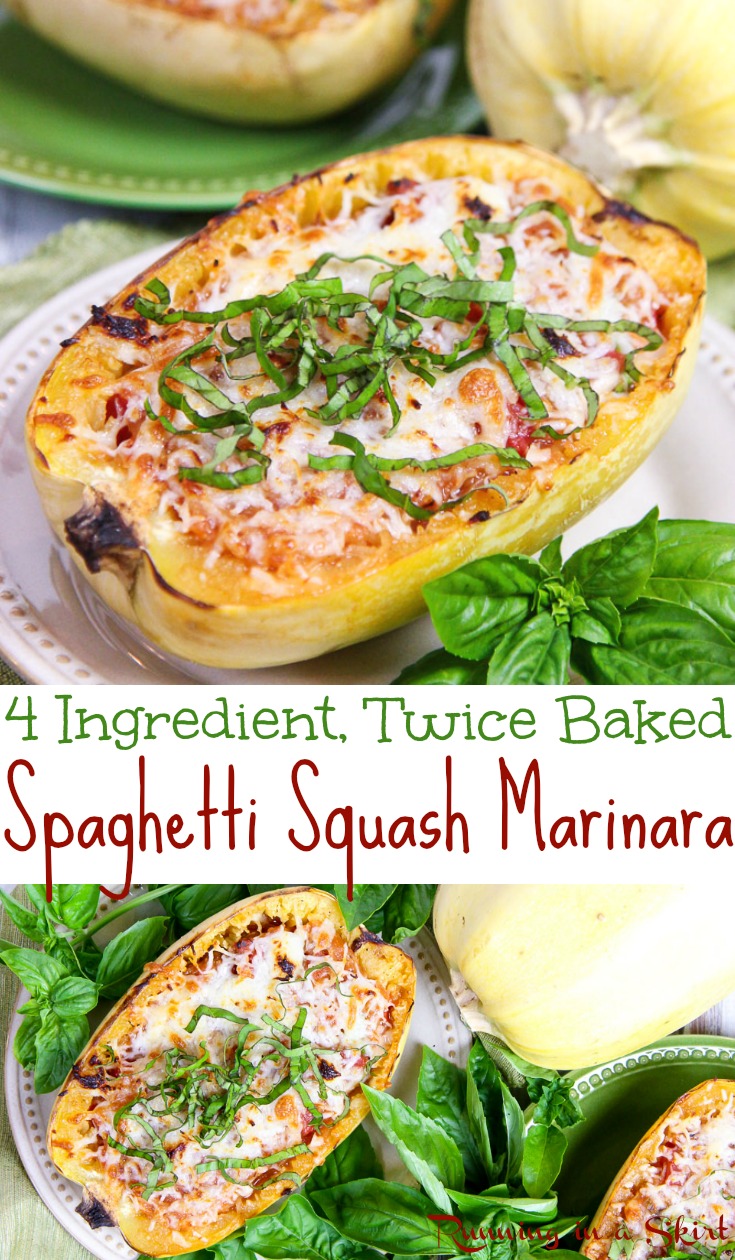Healthy 4 Ingredient Twice Baked Spaghetti Squash Marinara - with tomatoes and cheese! This lighter vegetarian baked spaghetti dish is perfect for dinners and meals where you want something easy, simple and low carb. A fun twist on your favorite comfort foods like baked ziti pasta. Uses mozzarella, parmesan and basil. Gluten free, vegetarian & low carb. / Running in a Skirt #spaghettisquash #squash #lowcarb #healthy #vegetarian #recipe #glutenfree via @juliewunder