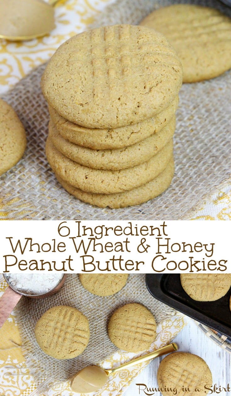 6 Ingredient Healthy Peanut Butter Cookies recipe - No sugar, no oil, whole wheat flour & clean eating... sweetened with a touch of honey! These easy, quick snack ideas are the best soft cookies AND they taste AMAZING! / Running in a Skirt #recipe #healthy #cookie #baking #peanutbutter #cleaneating via @juliewunder