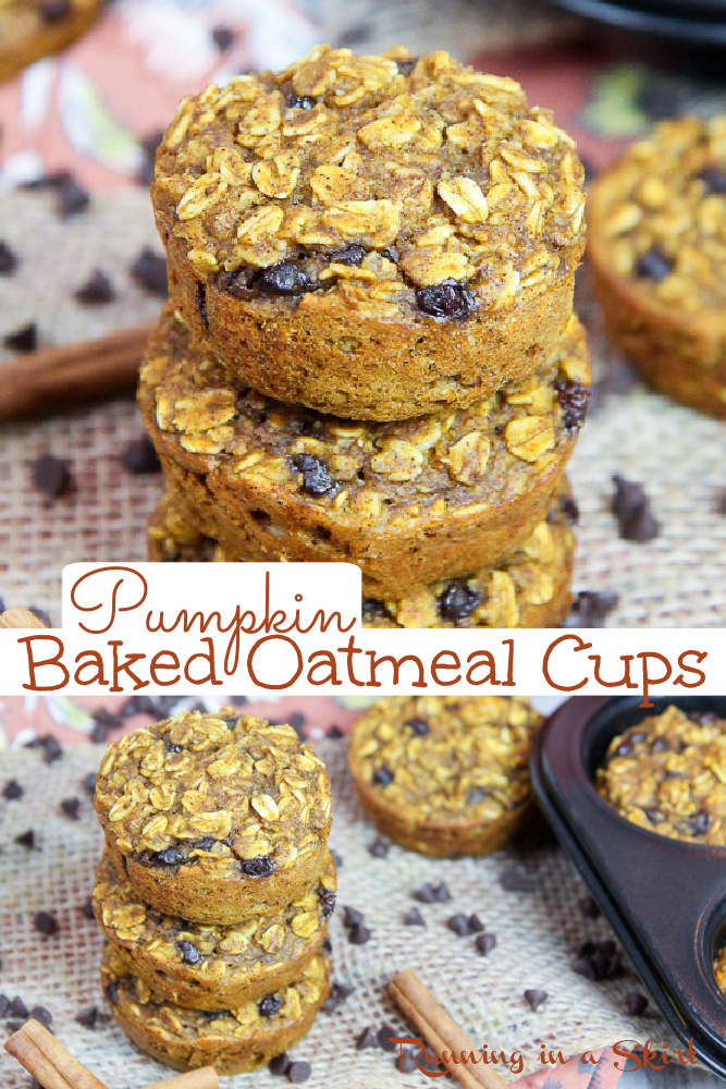 Healthy Baked Chocolate Chip Pumpkin Oatmeal Cups recipe - easy and simple for make ahead or on the go healthy breakfasts. Clean eating and uses only a touch of maple syrup for a sweetneer. Can use almond milk! Vegetarian & gluten free friendly. / Running in a Skirt #oatmeal #breakfast #makeahead #onthego #recipe #healthy #glutenfree via @juliewunder