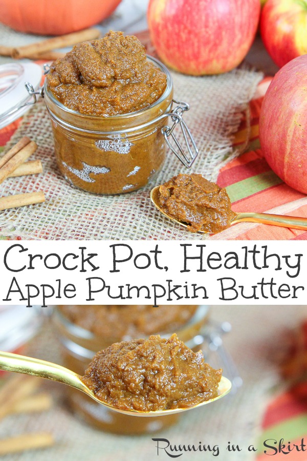 The Best Crockpot Apple Pumpkin Butter recipe - perfect for fall! This simple recipe brings together the best of a slow cooker apple butter and crock pot pumpkin butter together for an easy homemade butter using fresh apples, canned pumpkin and a touch of coconut sugar. Great for edible gifts, Thanksgiving or brunch. Vegan, gluten free and vegetarian. / Running in a Skirt #pumpkin #apple #fallfood #recipe #healthy #crockpot #slowcooker #instantpot #vegan #vegetarian via @juliewunder