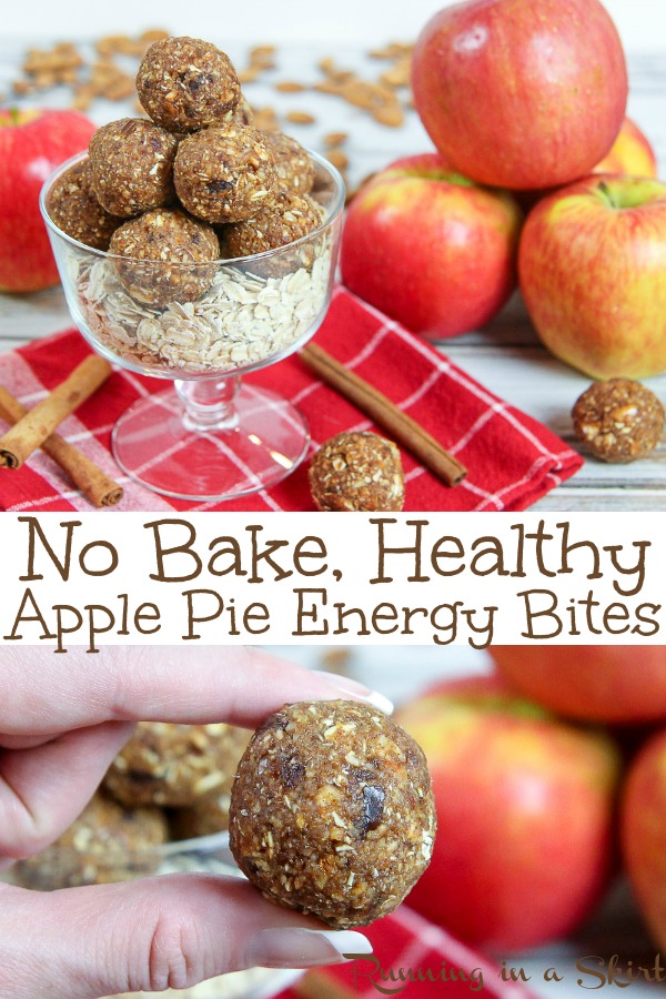 Healthy No Bake Apple Pie Energy Bites recipe - these apple pie bites are easy simple and made with real apples for the perfect fall treats! Great for healthy snacks, breakfast or desserts. Perfect for vegans, vegetarian and with gluten free option. #vegan #healthy #apple #recipe #applepie #energybites #nobake #vegetarian #snack #fall / Running in a Skirt via @juliewunder