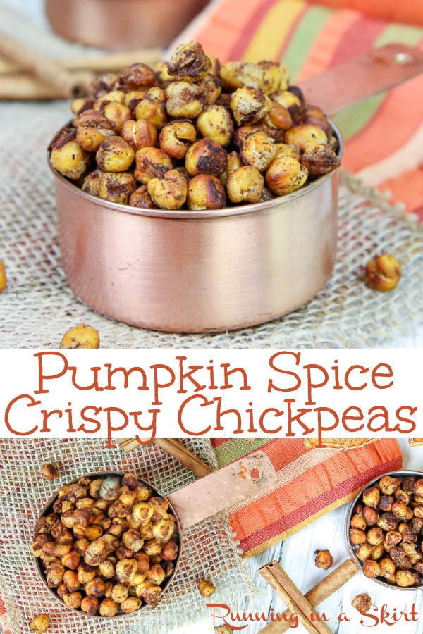 Pumpkin Spice Roasted Chickpeas recipe - the perfect healthy snack for fall. Sweet and crunchy! This easy, simple and vegan snack is made in the oven and uses pumpkin puree, maple syrup and spices for a touch of sweet. Vegetarian, low carb and gluten free / Running in a Skirt #recipe #pumpkin #pumpkinspice #chickpeas #vegan #glutenfree #lowcarb #vegetarian #healthy #fall via @juliewunder