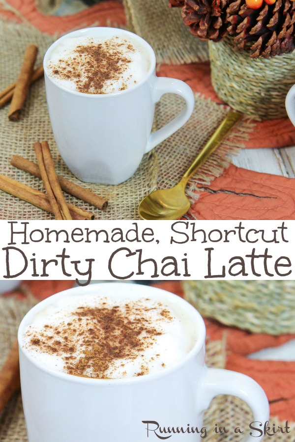 Homemade Dirty Chai Latte recipe - shortcut version! Includes how to make DIY instructions using Tazo tea and espresso. Dairy free option with almond milk or regular milk. Iced OR Hot! The perfect spices for these drinks. Gluten free & vegan / Running in a Skirt #WarmuptoTazo #FallforTazoFlavor #ad #recipe #healthy #chaitea #chai #coffee #drinks #chailatte #tea via @juliewunder