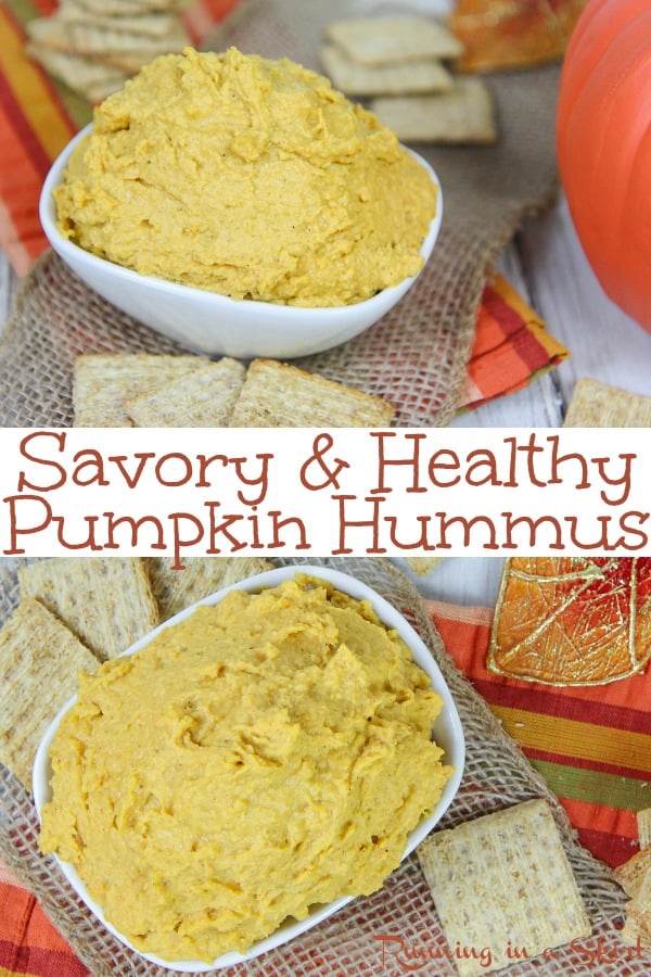 Savory Healthy Pumpkin Hummus recipe - an easy vegan dip that is also great as an appetizer or on a sandwich. Uses chickpeas and tahini- perfect for Fall! / Running in a Skirt #hummus #fall #vegan #plantbased #healthy #cleaneating #recipe #dairyfree via @juliewunder