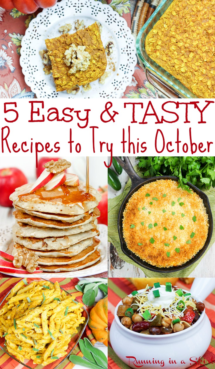 5 Easy & Tasty October Recipes - These healthy vegetarian fall recipes include dinners, soup, breakfast and desserts...  some made in the crockpot or slow cooker.  The best clean eating comfort foods for the season.  Includes pumpkin and apple recipe ideas. / Running in a Skirt #recipe #healthy #pumpkin #apple #fall via @juliewunder
