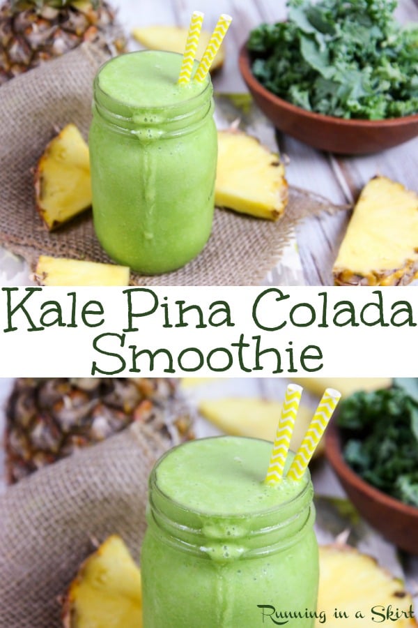 Healthy Kale Pina Colada Smoothie recipe - a non alcoholic, easy green smoothie that tastes amazing. Uses frozen pineapple, coconut and coconut milk for a great tropical taste. Great for breakfast or a snack. Vegan & dairy free! / Running in a Skirt #vegan #dairyfree #vegetarian #kale #smoothie via @juliewunder