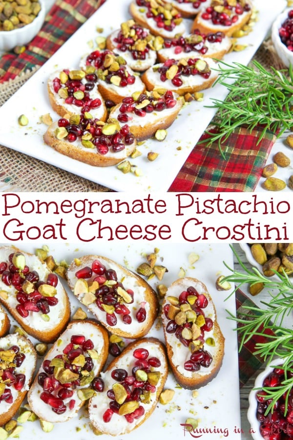 The Best Pomegranate Crostini recipe - Pomegranate Pistachio Crostini with goat cheese and honey. An easy and simple idea with only 5 ingredients - the perfect holiday, Thanksgiving or Christmas appetizer for parties. Vegetarian & Healthy! / Running in a Skirt #vegetarian #recipe #healthy #christmas #party #appetizer #pomegranate #pistachio via @juliewunder