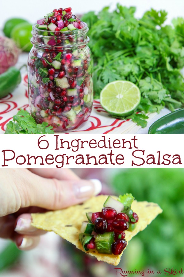 6 Ingredient Healthy Pomegranate Salsa recipe - the perfect winter salsa for the holidays, Thanksgiving or Christmas. With cucumber and cilantro for a festive red and green pomegranate appetizer. Vegan, vegetarian and gluten free. / Running in a Skirt #vegan #vegetarian #christmas #recipe #salsa #healthy #glutenfree #pomegranate #holiday via @juliewunder