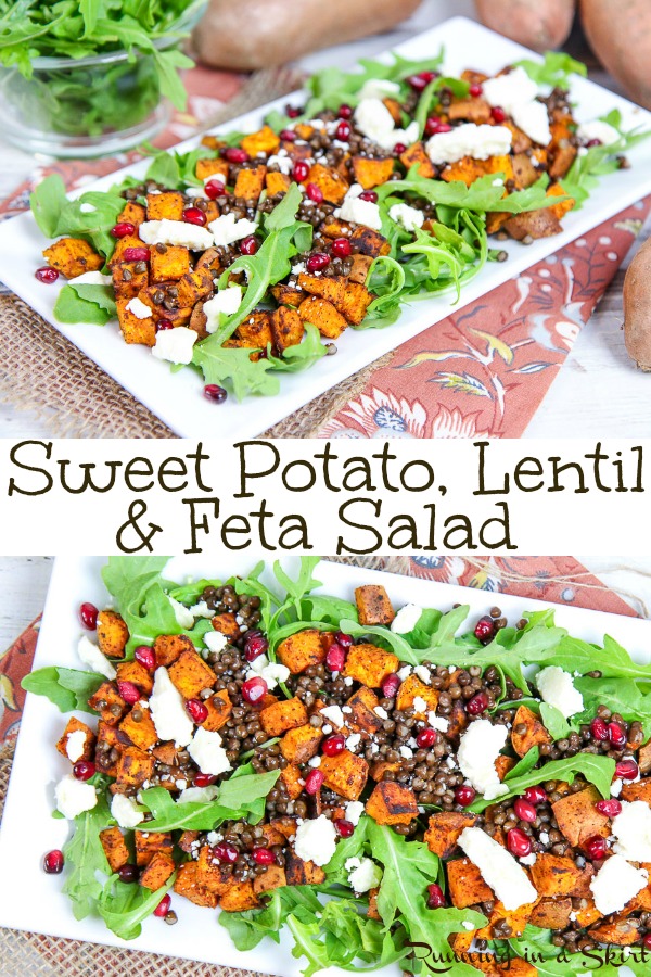 Sweet Potato Lentil Feta Salad recipe - an easy, healthy and simple vegetarian Thanksgiving main dish or side. Also great for Christmas, Meatless Monday or fall dinner ideas! Topped with pomegranate, lemon and arugula. Gluten free and vegan option in the recipe. / Running in a Skirt #vegetarian #christmas #thanksgiving #recipe #healthy #sweetpotato #pomegranate via @juliewunder