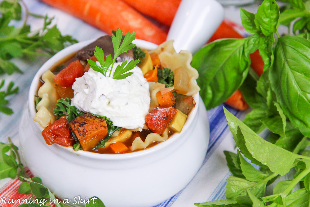 Vegetarian Crockpot Lasagna Soup recipe in a white bowl.