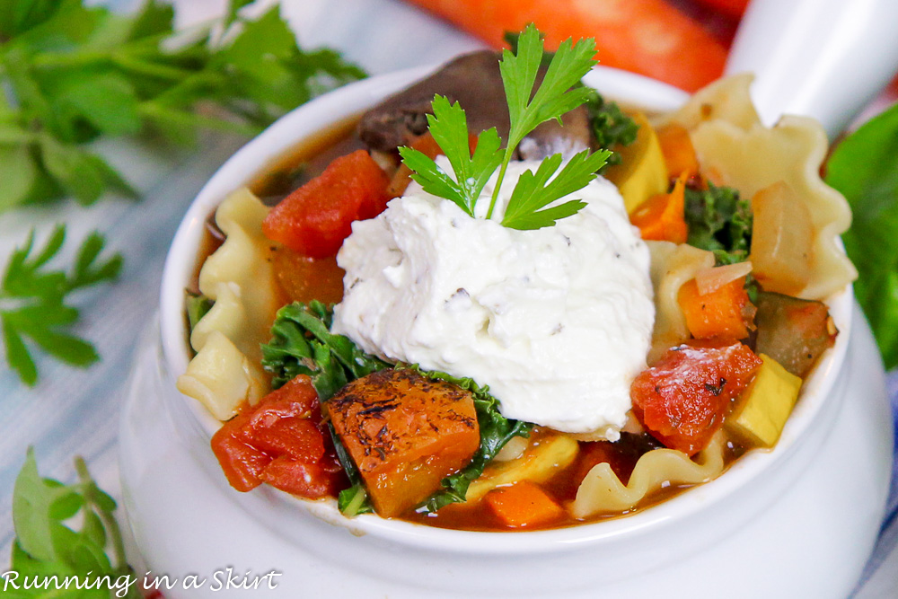 Vegetarian Crockpot Lasagna Soup recipe in a bowl.