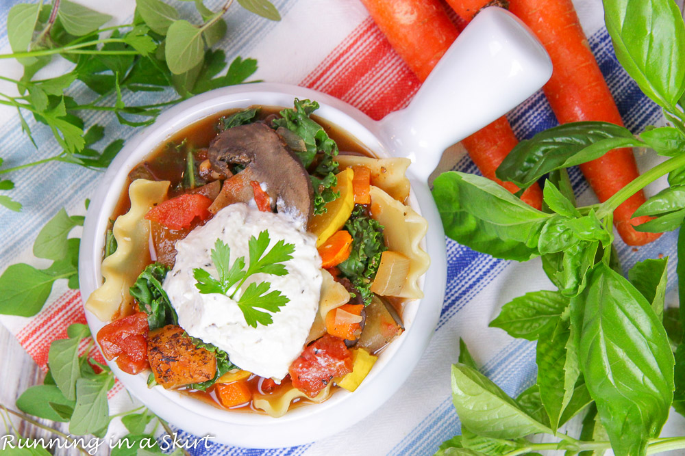 Vegetarian Crockpot Lasagna Soup recipe overhead shot.