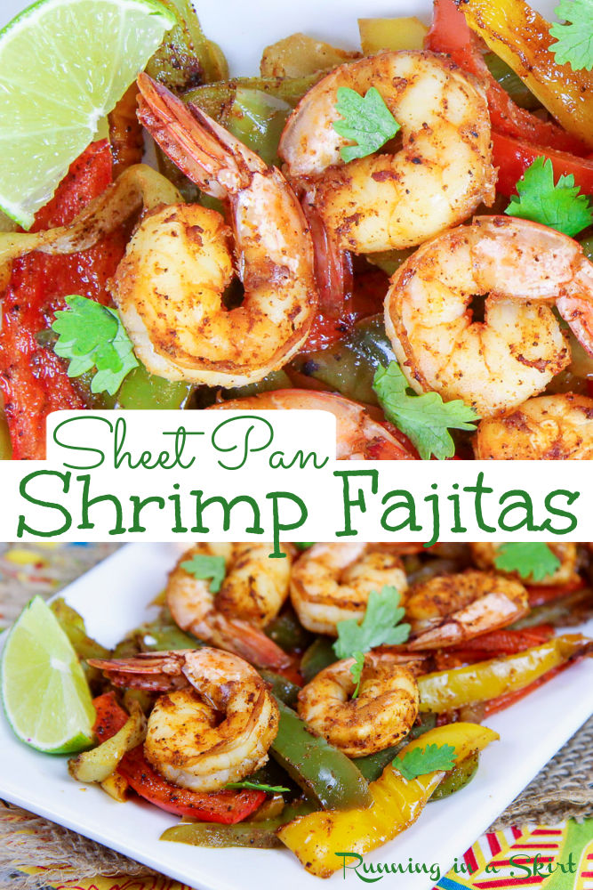 20 Minute Easy Sheet Pan Shrimp Fajitas recipe - a fast and healthy one pan meal. Has the best Mexican seasoning and then baked in the oven... use foil for no clean up. Clean eating, whole 30, paleo, gluten free. / Running in a Skirt #cleaneating #mexican #whole30 #paleo #glutenfree via @juliewunder