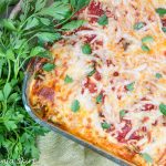 Baked Vegetarian Spaghetti Squash Casserole in a glass pan.