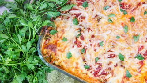 Baked Vegetarian Spaghetti Squash Casserole in a glass pan.