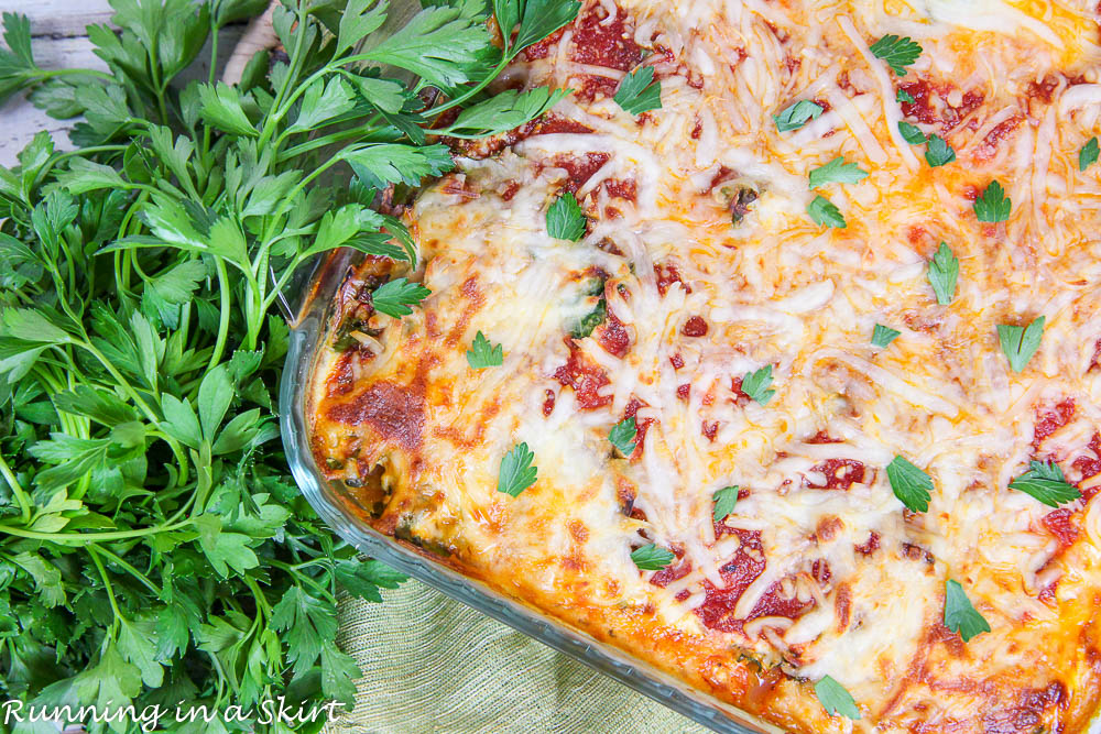 Baked Vegetarian Spaghetti Squash Casserole in a glass pan.