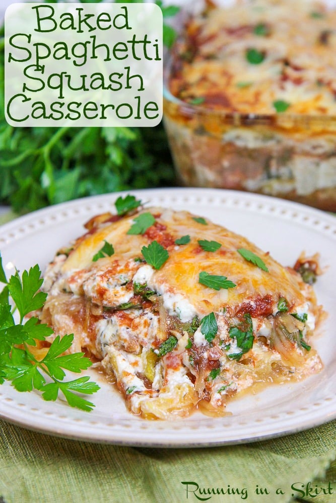 Baked Vegetarian Spaghetti Squash Casserole on a white plate.