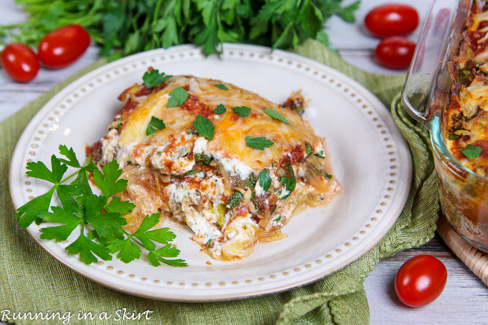 Baked Vegetarian Spaghetti Squash Casserole on a white plate.