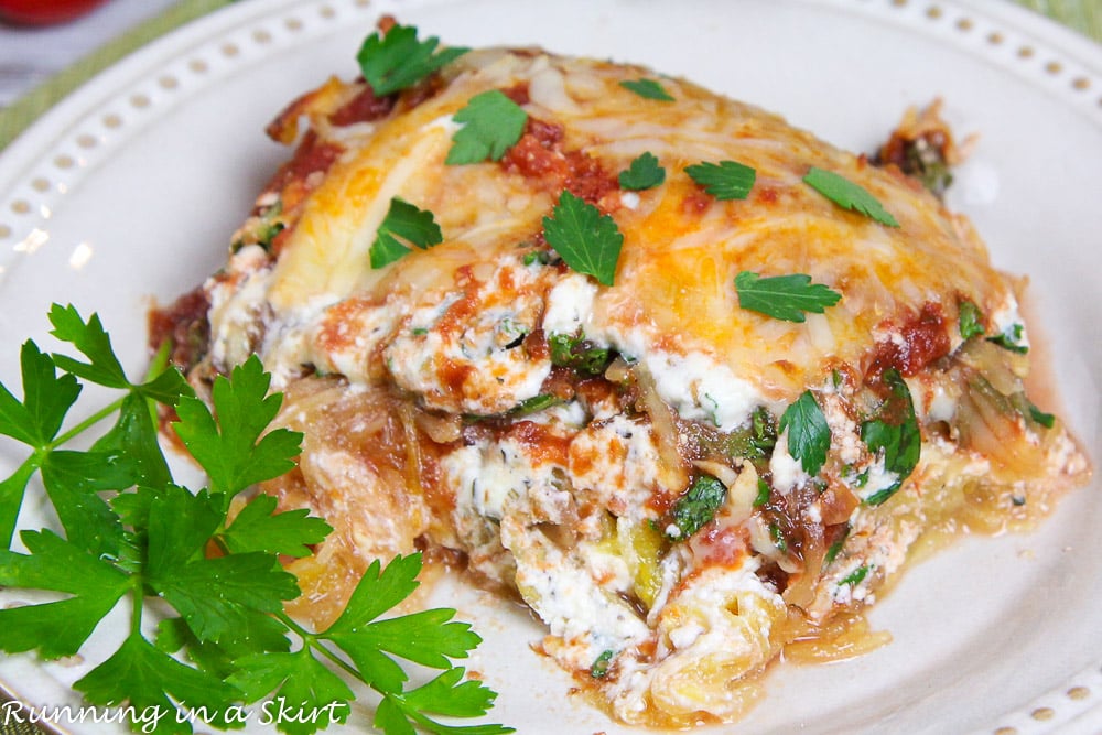 Baked Vegetarian Spaghetti Squash Casserole on a white plate.