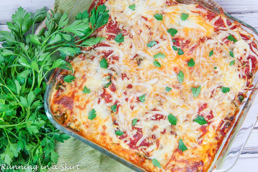 Baked Vegetarian Spaghetti Squash Casserole in a glass pan.