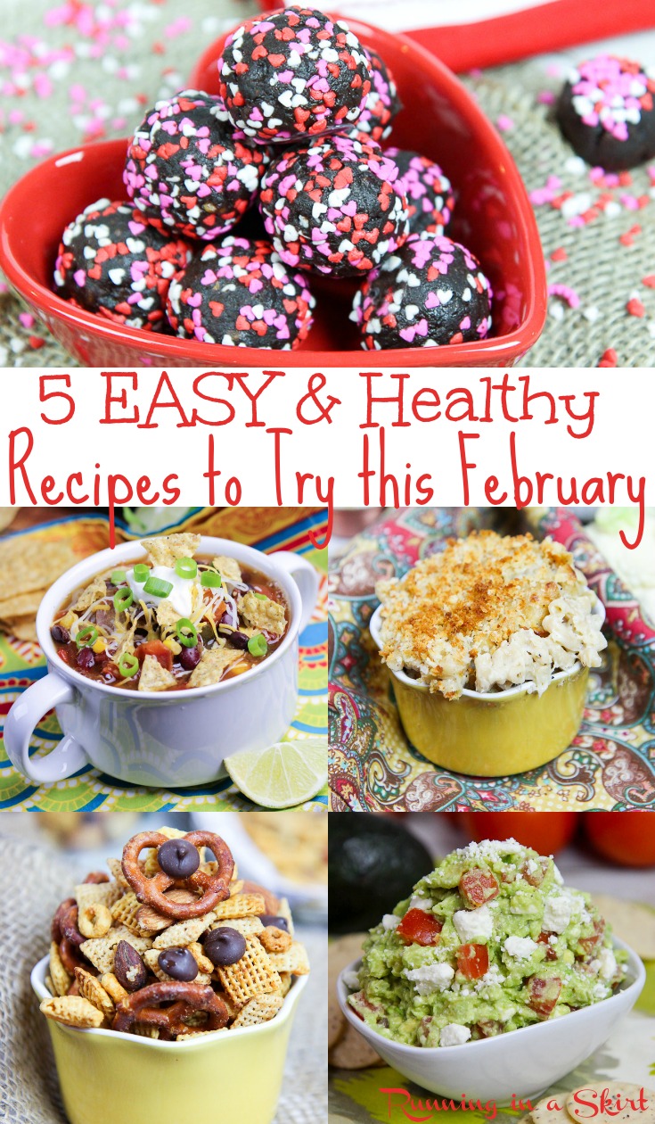5 Easy & Healthy February Recipes - includes healthy comfort foods, easy dinners and healthy snacks for meal planning.  All vegetarian and plant based.  Great for singles, for kids or families. / Running in a Skirt #recipe #mealplanning #vegetarian #plantbased #healthyliving #healthy #superbowl #comfortfoods #valentinesday via @juliewunder
