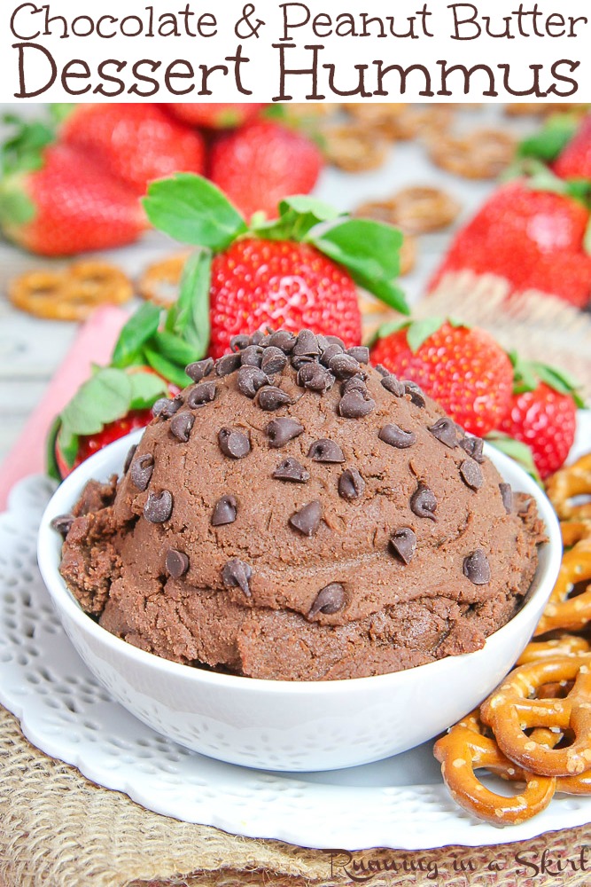 Healthy Chocolate & Peanut Butter Dessert Hummus recipe! Easy, sugar free and made with chickpeas. What to eat with it or what to dip in? Fruit and pretzels. / Running in a Skirt via @juliewunder