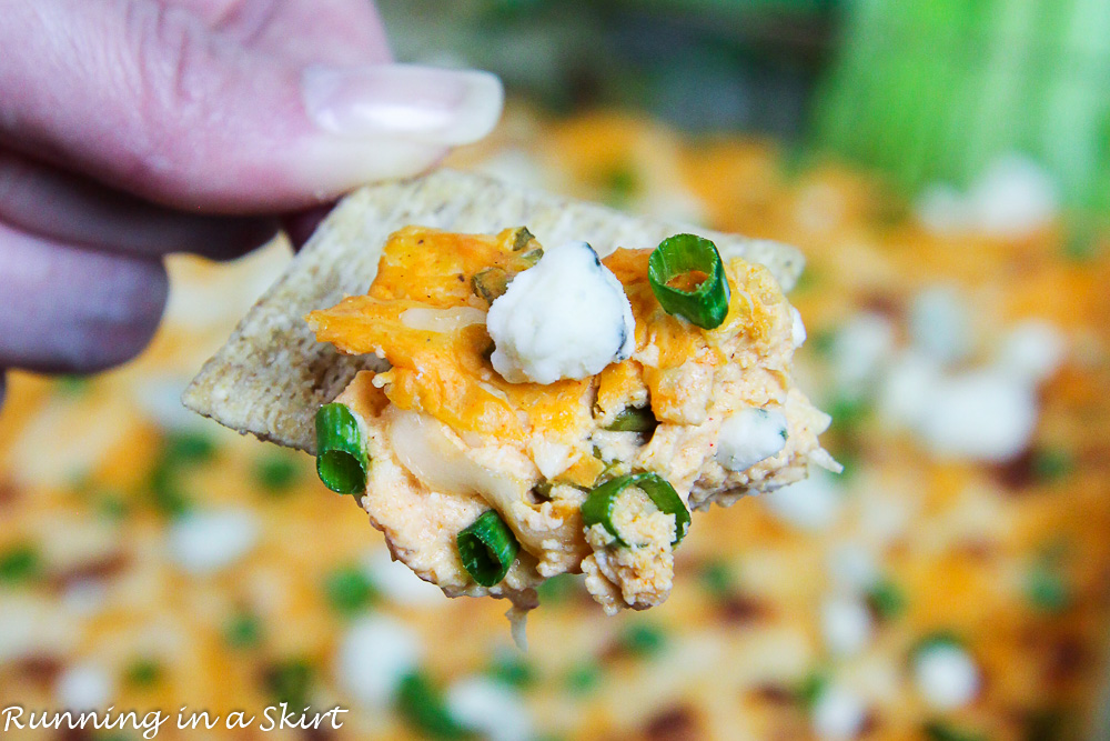 Vegetarian Buffalo Chicken Dip on a chip.