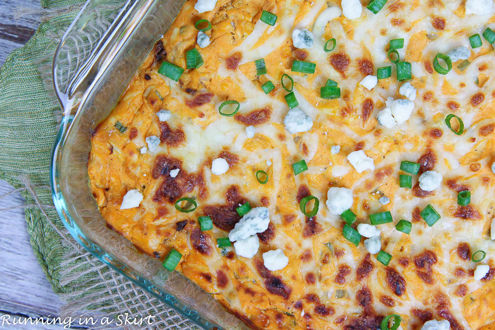 A glass pan of buffalo cauliflower dip.