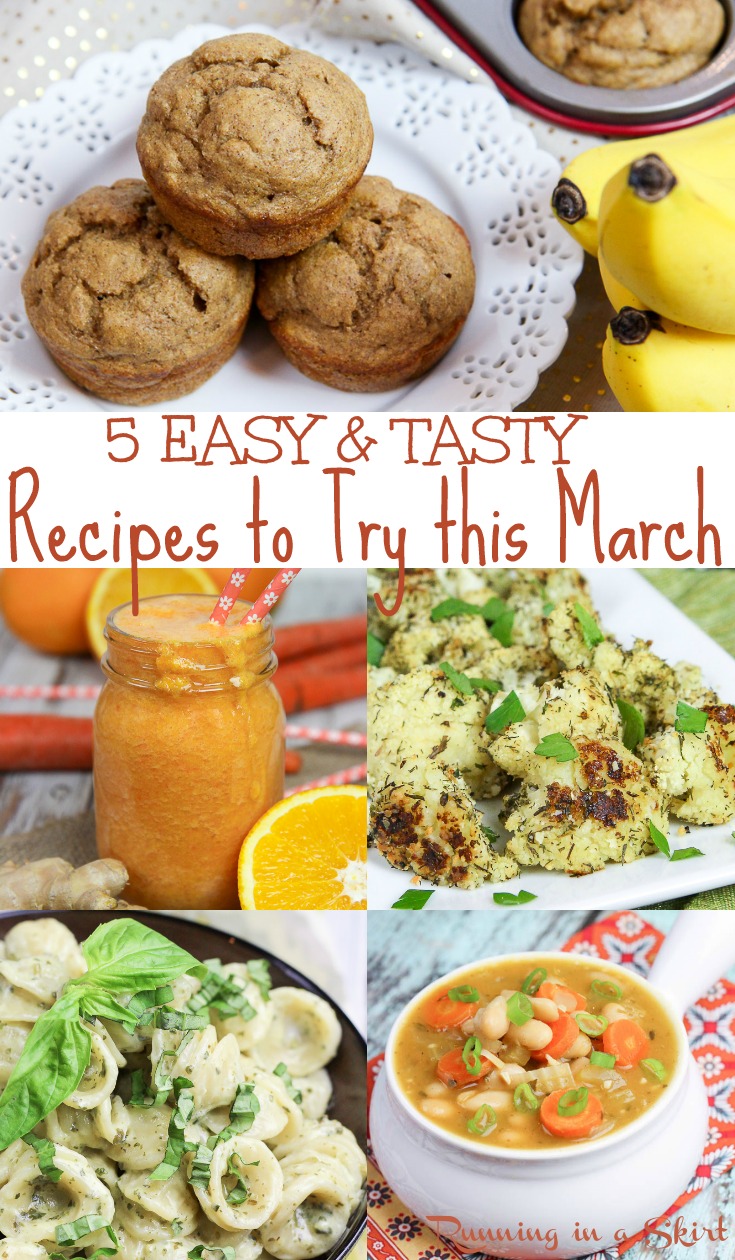 5 Easy & Tasty March Recipes - clean eating ideas for cooking and meal ideas.  Start your vegetarian meal planning here! Includes immune boosting smoothie, low carb sides, fast dinner ideas and healthy baking.  / Running in a Skirt #mealplanning #healthy #healthyliving #vegetarian #vegan #dinner #plantbased #recipe  via @juliewunder