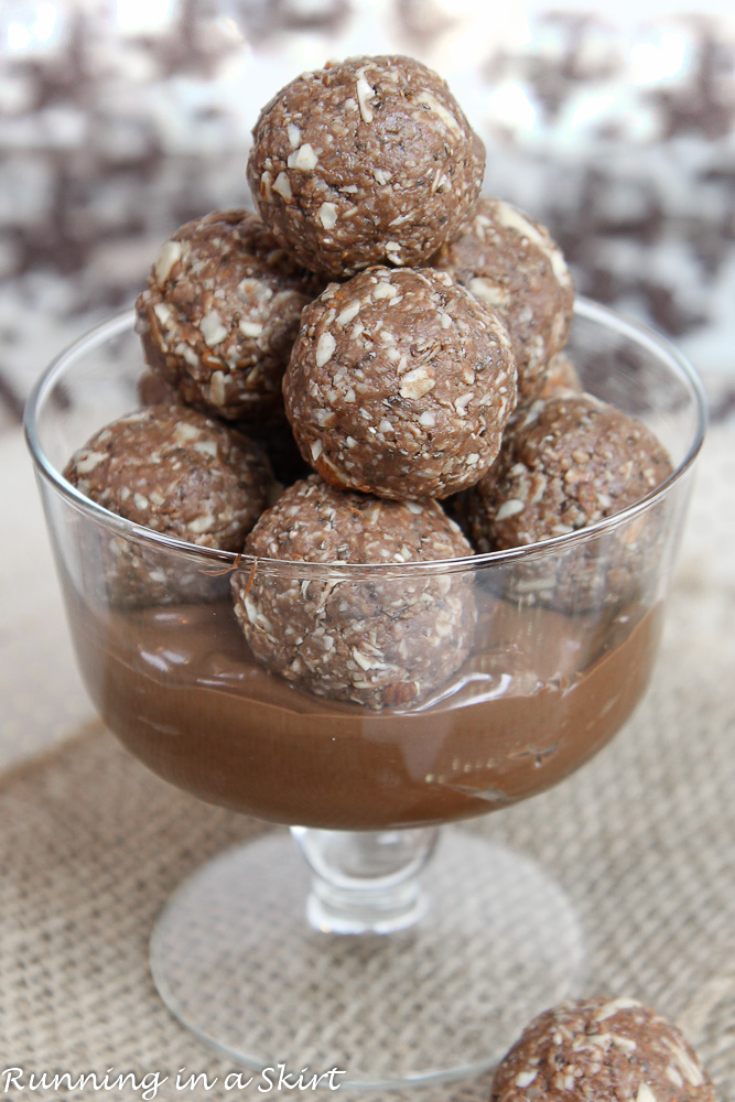 Nutella Energy Bites in a glass jar with nutella.