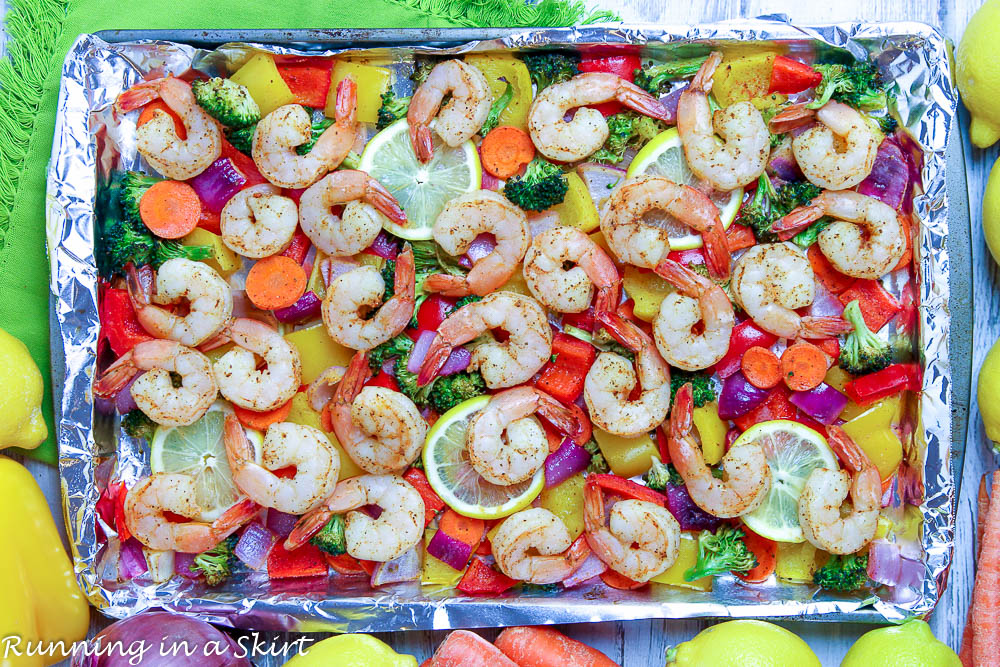 Sheet Pan Shrimp and Veggies on a tray.