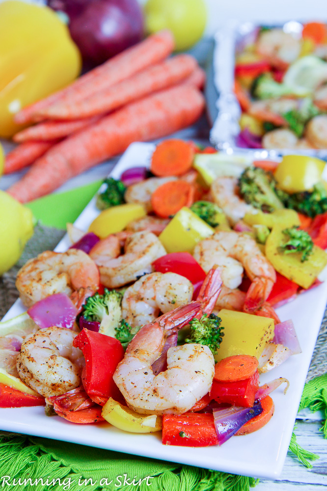 Sheet Pan Shrimp and Vegetables recipe on a white plate.