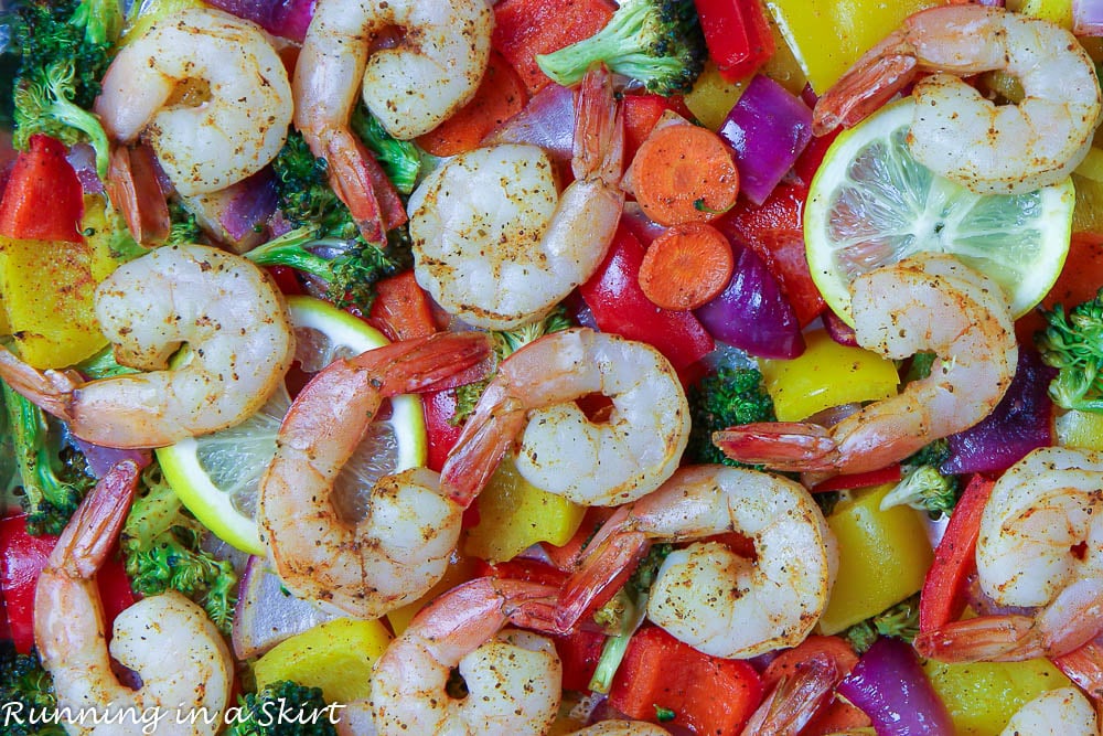 Closeup of shrimp and veggies.