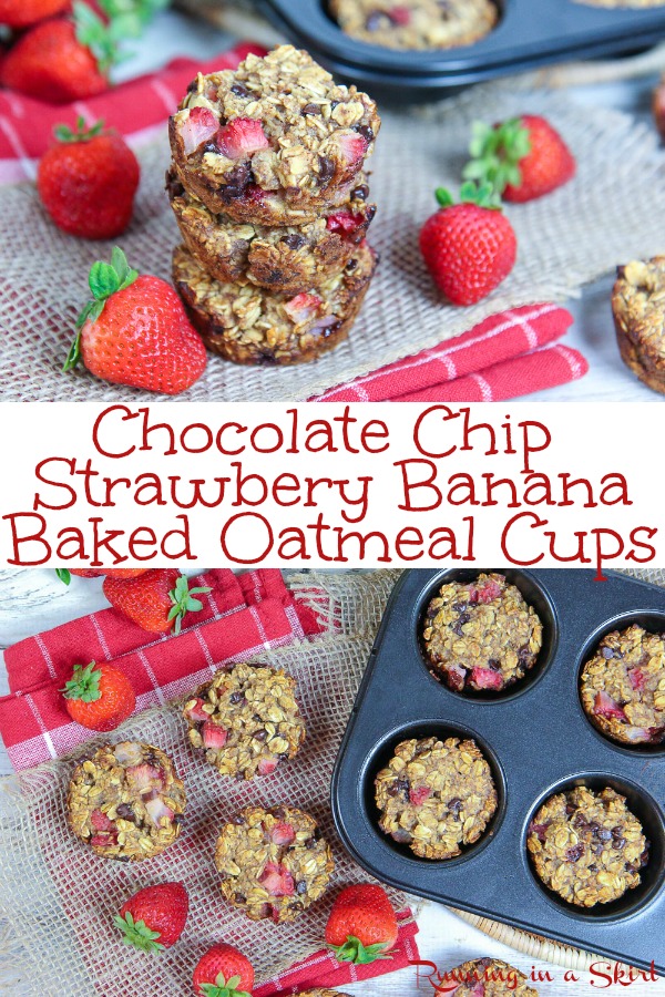 Easy Strawberry Banana Baked Oatmeal Cups recipe - with chocolate chips!  Simple breakfast muffins that also make a great healthy snack.  Clean eating and sweetened with honey! / Running in a Skirt #oatmeal #strawberry #baking #healthy #cleaneating via @juliewunder