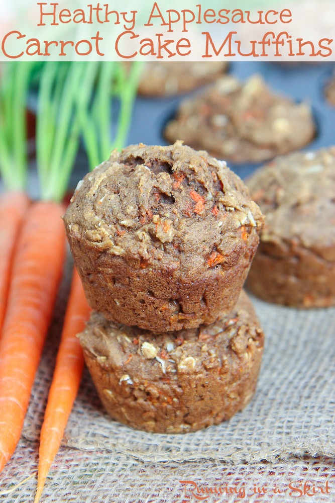Healthy Carrot Cake Muffins recipe with Applesauce & Honey. Clean eating breakfast or snacks that are easy and tasty. Uses oats, coconut oil and no butter or brown sugar. So easy! #breakfast #carrotcake #healthy #healthybaking #muffin #coconutoil #cleaneating #recipe / Running in a Skirt via @juliewunder