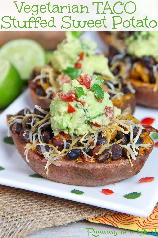 Healthy Taco Stuffed Sweet Potato recipe- Vegan & Vegetarian!  Low carb, gluten free and whole 30 friendly.  A fun tex-mex inspired easy recipes for families! / Running in a Skirt #taco #glutenfree #lowcarb #vegetarian #vegan #plantbased #taco #sweetpotato #whole30 via @juliewunder