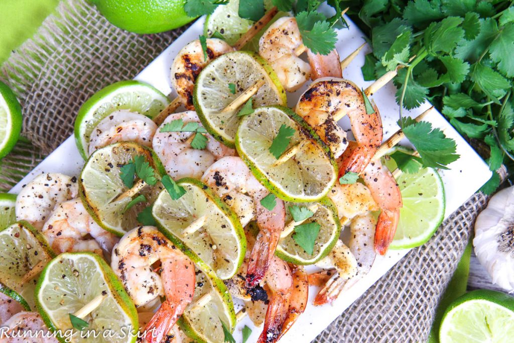 Honey Lime Shrimp Skewers on a plate.