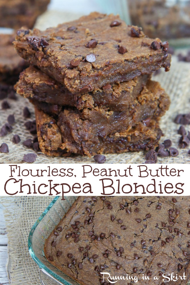 Healthy & Vegan Peanut Butter Chocolate Chip Chickpea Blondies recipe - a flourless, low calorie and easy dessert! Made with maple syrup. So rich and chewy! You'll love these blonde brownies! / Running in a Skirt #blondies #healthy #healthybaking #vegan #chickpeas #recipe #peanutbutter via @juliewunder