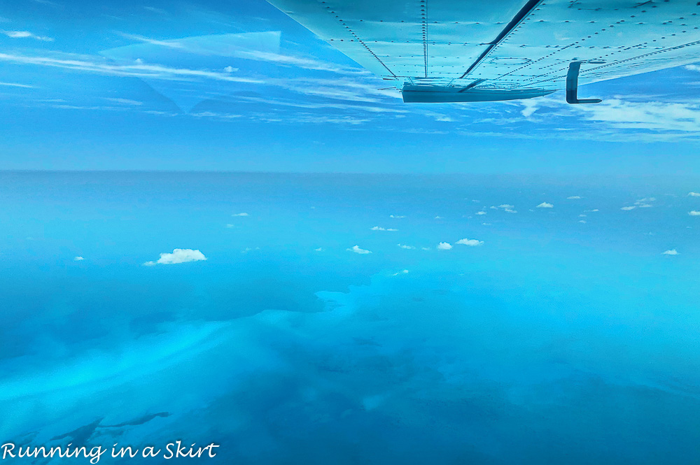 Flying over the blue water of the Bahamas.