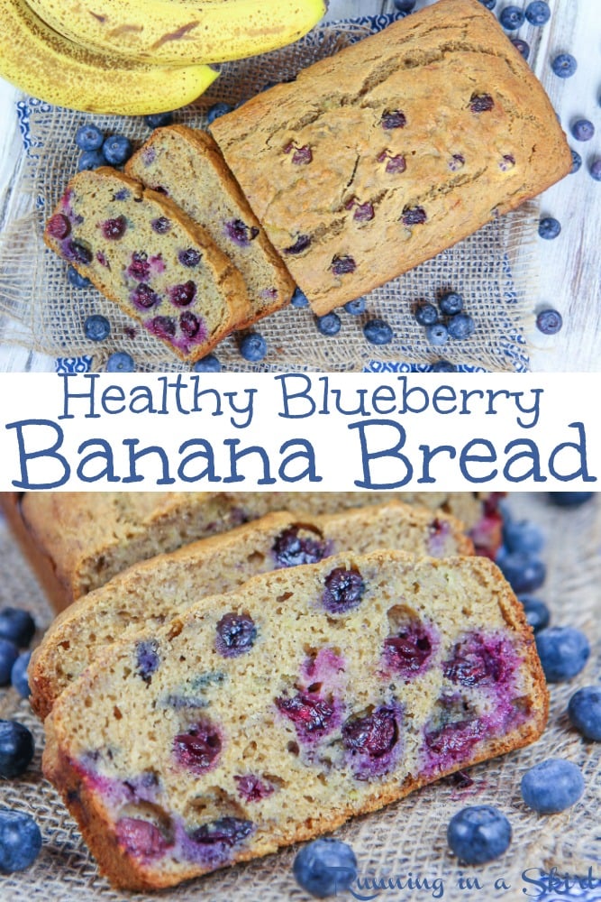 The best Healthy Blueberry Banana Bread recipe - clean eating with wheat flour and honey instead of refined sugar and oil. Perfect for breakfast, desserts, snacks or baking treats! Can sub maple syrup for the honey. / Running in a Skirt #vegetarian #baking #healthy #blueberry #bananabread #recipe via @juliewunder