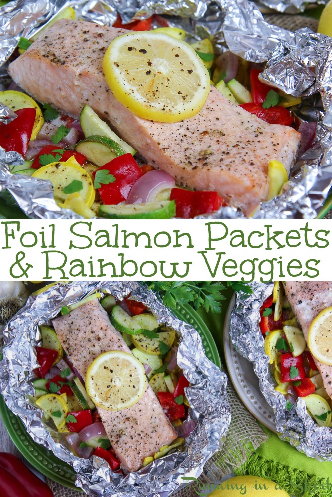 Foil Salmon Packets & Rainbow Vegetables recipe - with lemon butter! Veggies and fish cooked in the oven or on the grill. Perfect for cooking healthy dinners! / Running in a Skirt #recipe #healthy #salmon #grilling #pescatarian #foilpackets via @juliewunder