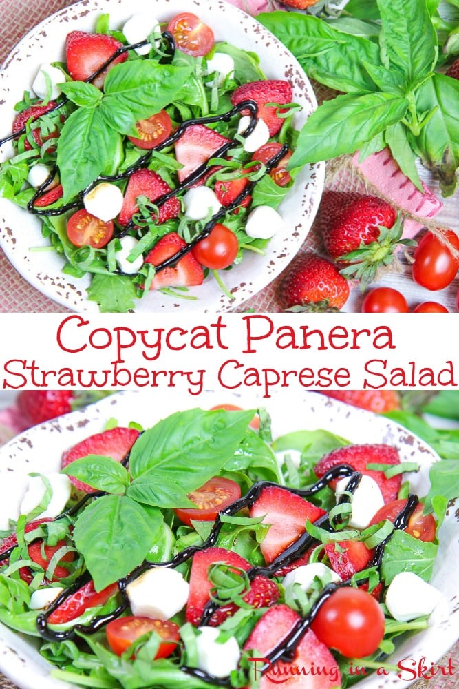 Copycat Panera Strawberry Caprese Salad recipe - only 6 Ingredients! Topped with fresh mozzarella, tomatoes, basil and balsamic vinegar. The best easy, healthy vegetarian salad. / Running in a Skirt #panerabread #healthy #vegetarian #strawberry #caprese #summerrecipes via @juliewunder