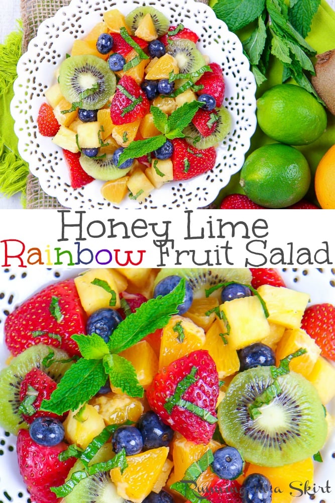 This Rainbow Fruit Salad with Honey and Lime dressing is the perfect fun summer recipe. An easy, healthy and simple fresh dish topped with mint. Includes strawberry, blueberry, pineapple, orange, and kiwi! / Running in a Skirt via @juliewunder