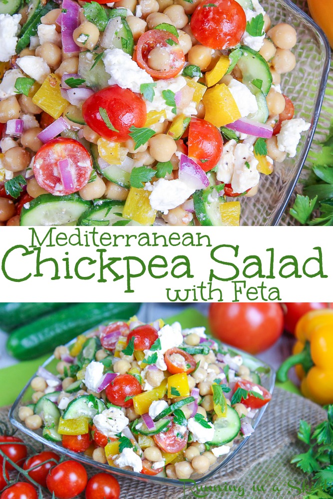 Mediterranean Chickpea Salad recipe with feta - clean eating, healthy, gluten free and low carb. Packed with veggies like peppers, cucumber, tomato. Easy vegetarian recipe. / Running in a Skirt #recipe #healthy #vegetarian #lowcarb #glutenfree #chickpeas via @juliewunder